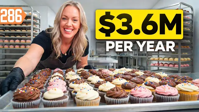 YouTube thumbnail of a cupcake truck with trays of frosted cupcakes and large title lettering