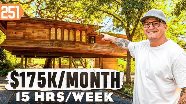 YouTube thumbnail of a furnished rental house living room with large title lettering