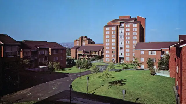 Brick residence halls and lawns on the North Campus of Cornell University