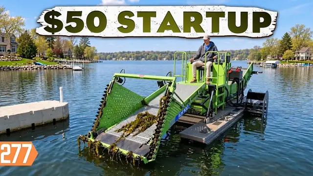 YouTube thumbnail of a lake shoreline with a small work boat and large title lettering