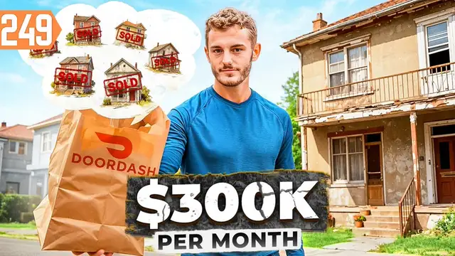 YouTube thumbnail of a young investor outside a rental house with large title lettering