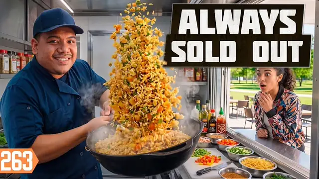 YouTube thumbnail of fried rice in takeout boxes beside a food truck with large title lettering
