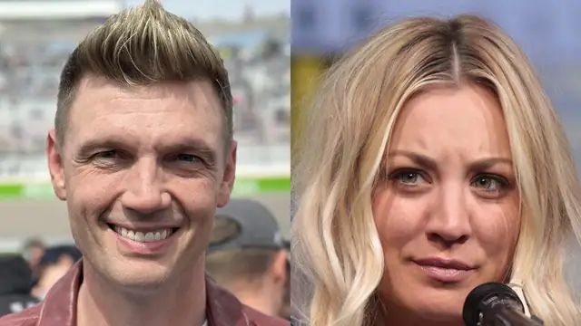 Nick Carter smiling at an outdoor event next to Kaley Cuoco speaking at a microphone