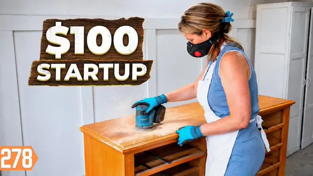 YouTube thumbnail of a refinished dresser in a home workshop with large title lettering