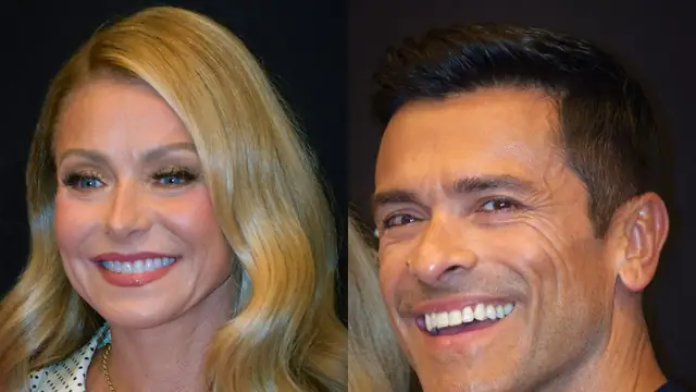 Kelly Ripa and Mark Consuelos smiling in side-by-side portraits against a dark background