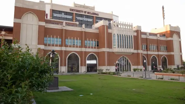 The brick south end of Gaylord Family Oklahoma Memorial Stadium in Norman on a clear morning