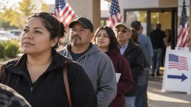 Latino voters wait in line outside a polling place lined with American flags and a voting sign