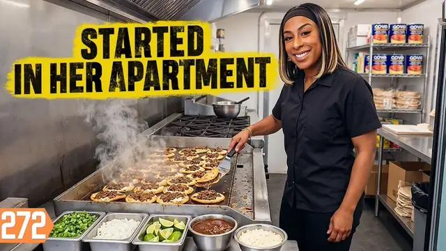 YouTube thumbnail of tacos on a griddle beside a food truck window with large title lettering