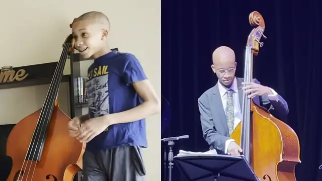 Jacoby grinning beside his brand-new upright bass at home in April 2022, next to Jacoby as a Dreyfoos senior in a gray suit playing the same bass onstage in October 2026