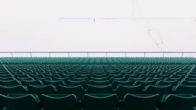 Rows of empty dark green stadium seats under a white sky