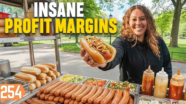 YouTube thumbnail of a hot dog cart on a city sidewalk with large title lettering