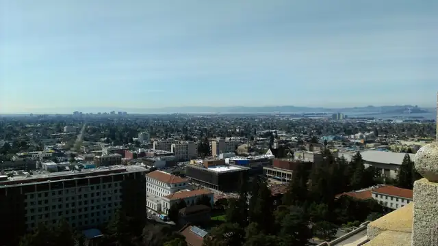 View across rooftops and trees in Oakland with the bay and hazy skyline in the distance