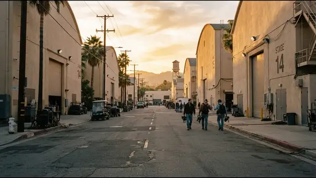 The sun sets behind palm trees and old studio soundstages on a Hollywood backlot street