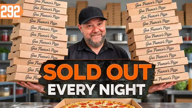 YouTube thumbnail of a man in a cap holding a pizza in front of a food trailer with large title lettering