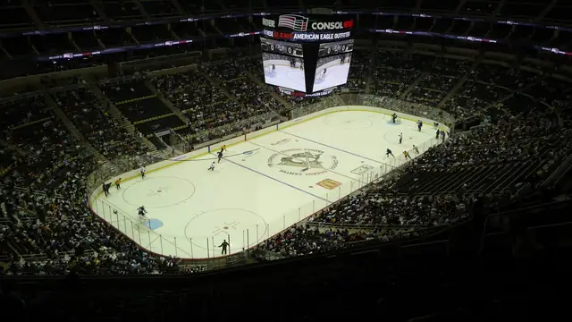 A hockey game in progress seen from the upper deck of the Pittsburgh Penguins' home arena
