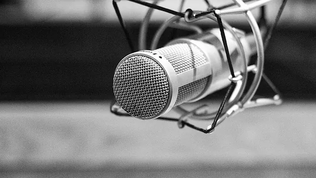 Close-up of a studio condenser microphone in a shock mount inside a darkened radio booth
