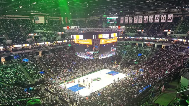 Fans fill Target Center under green lights as the Timberwolves get ready to tip off on a blue and white court