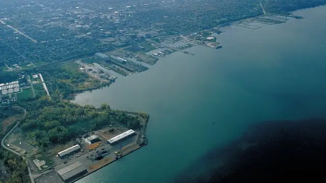 An aerial view of Erie, Pennsylvania and its harbor on Lake Erie