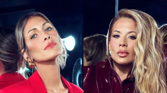 Erin Lichy in a red blazer and gold earrings beside Daisy Toye in a burgundy patent jacket