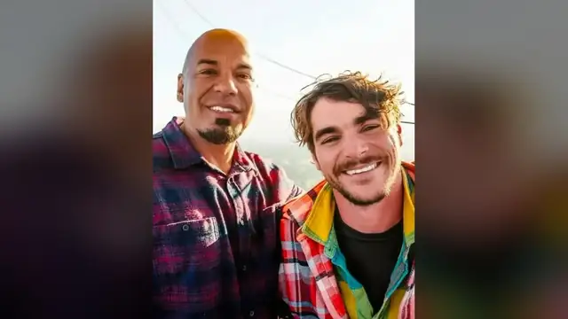 Luis Moncada and RJ Mitte smiling together during a hot air balloon ride