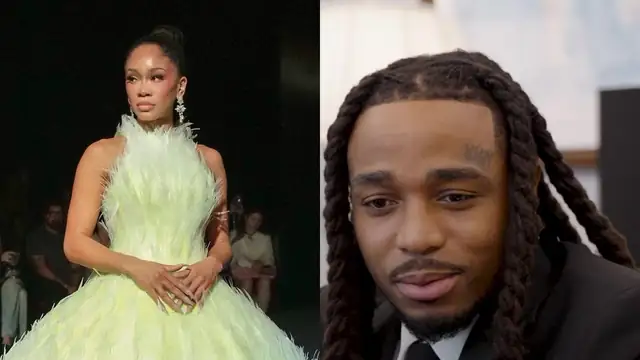 Saweetie in a pale green gown beside a portrait of Quavo