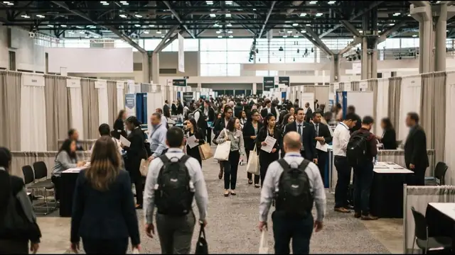 Job seekers seen from behind walk between employer booths at a crowded career fair inside a convention hall