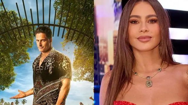 Joe Manganiello in a patterned shirt beside Sofía Vergara in a red gown