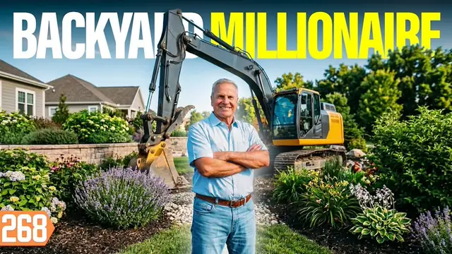 YouTube thumbnail of a finished landscaped yard with a designer and large title lettering