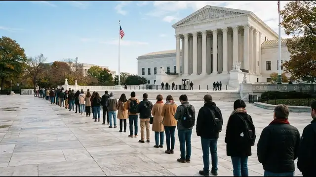 Visitors seen from behind wait in line on the plaza outside the white marble U.S. Supreme Court building on a bright autumn morning