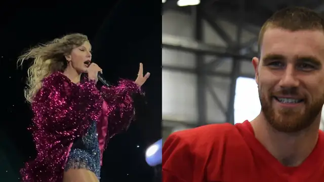 Taylor Swift singing on stage beside Travis Kelce smiling in a red Chiefs practice jersey