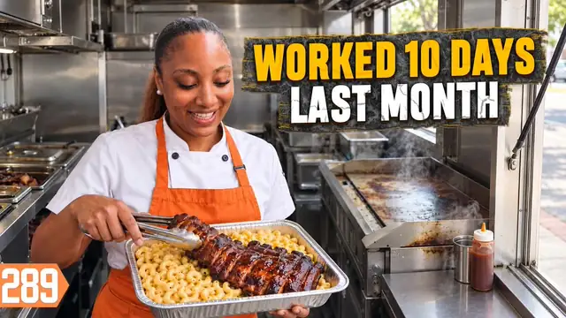 YouTube thumbnail of a barbecue food truck with the owners beside the service window and large title lettering