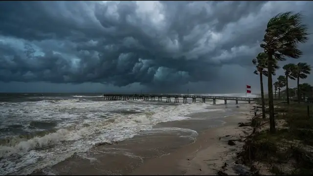 Dark storm clouds and churning surf roll toward an empty Gulf Coast beach and fishing pier as palm trees bend in the wind