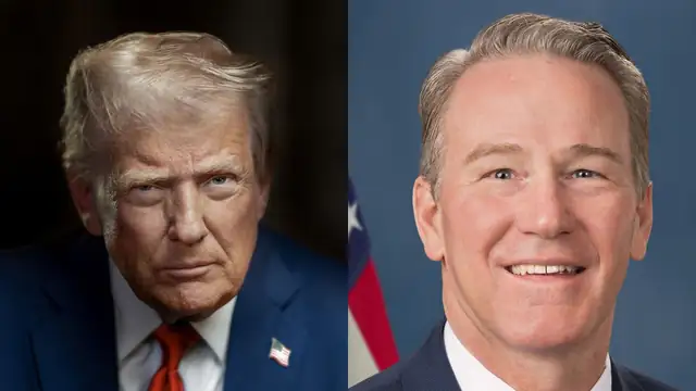 President Donald Trump beside a smiling Sen. Jon Husted in his official portrait