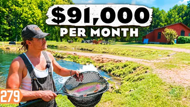 YouTube thumbnail of trout raceways on a small fish farm with large title lettering