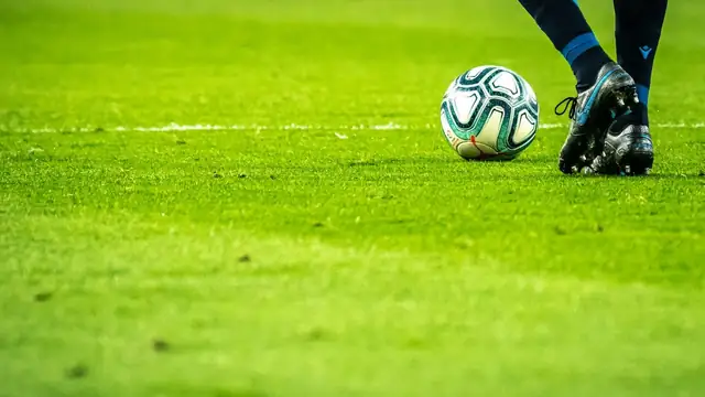 An Adidas soccer ball rests on short green grass on a sunlit pitch