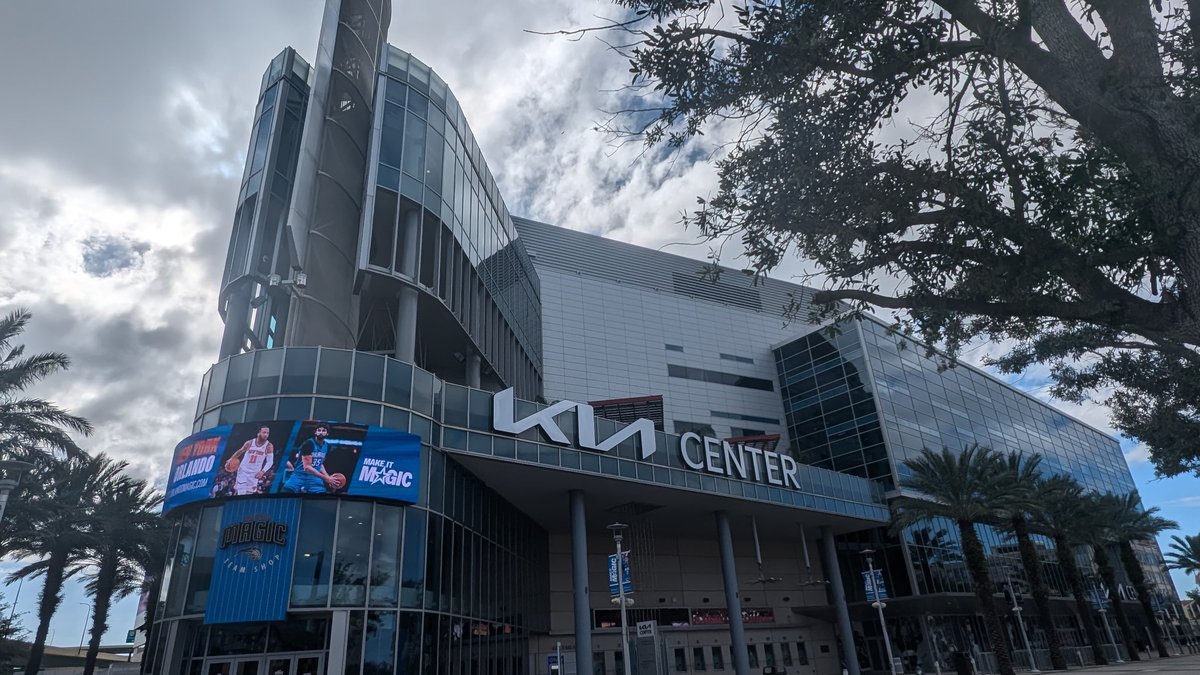 The Kia Center, home of the Orlando Magic, on a cloudy day in downtown Orlando