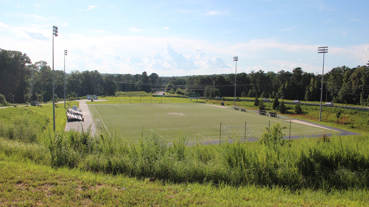 An empty artificial turf soccer field ringed by light poles and a paved walkway with tall grass and trees under a summer sky