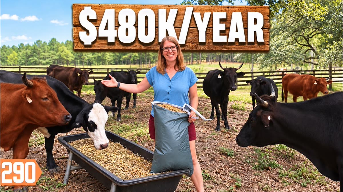YouTube thumbnail of a small farm with cattle in a pasture and large title lettering across the frame