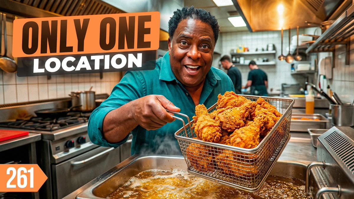 YouTube thumbnail of fried chicken in a basket at a restaurant counter with large title lettering
