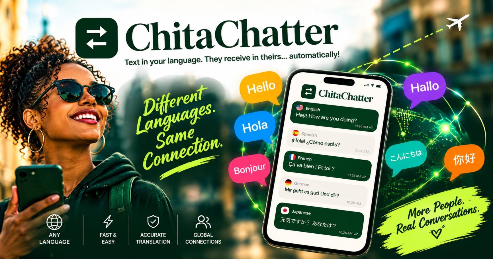 ChitaChatter logo beside a smiling woman holding a phone and a phone screen showing a chat translated between English, Spanish, French, German and Japanese