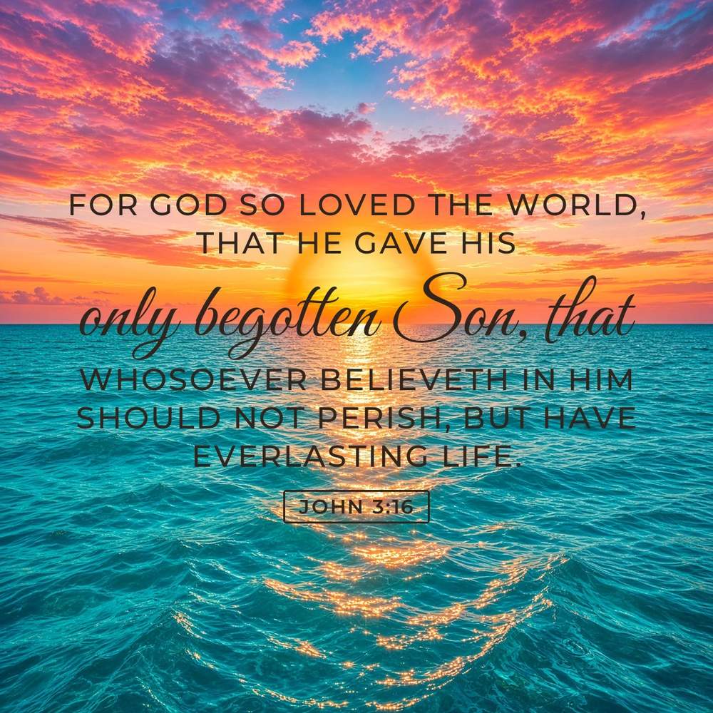 Ocean sunset with the words of John 3:16 written across the sky