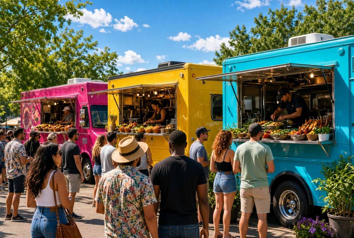 Colorful food trucks in a park with people lining up to order