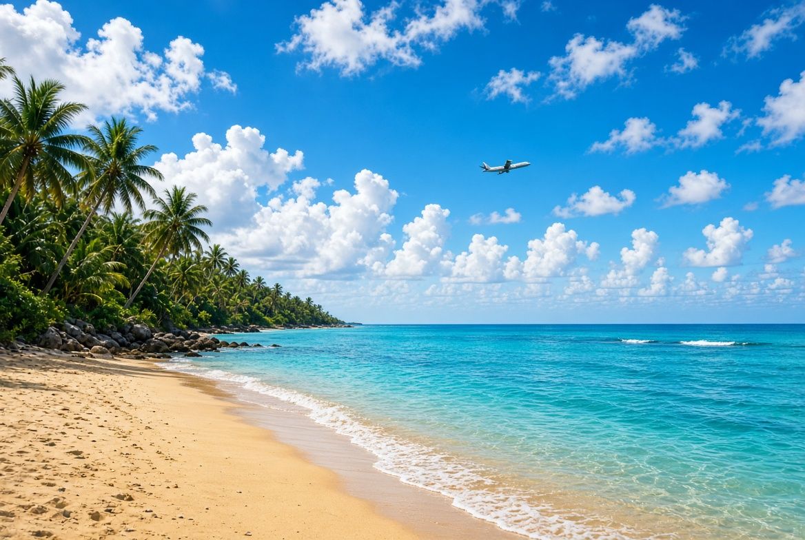 Tropical beach with turquoise water, palm trees and a plane in a blue sky